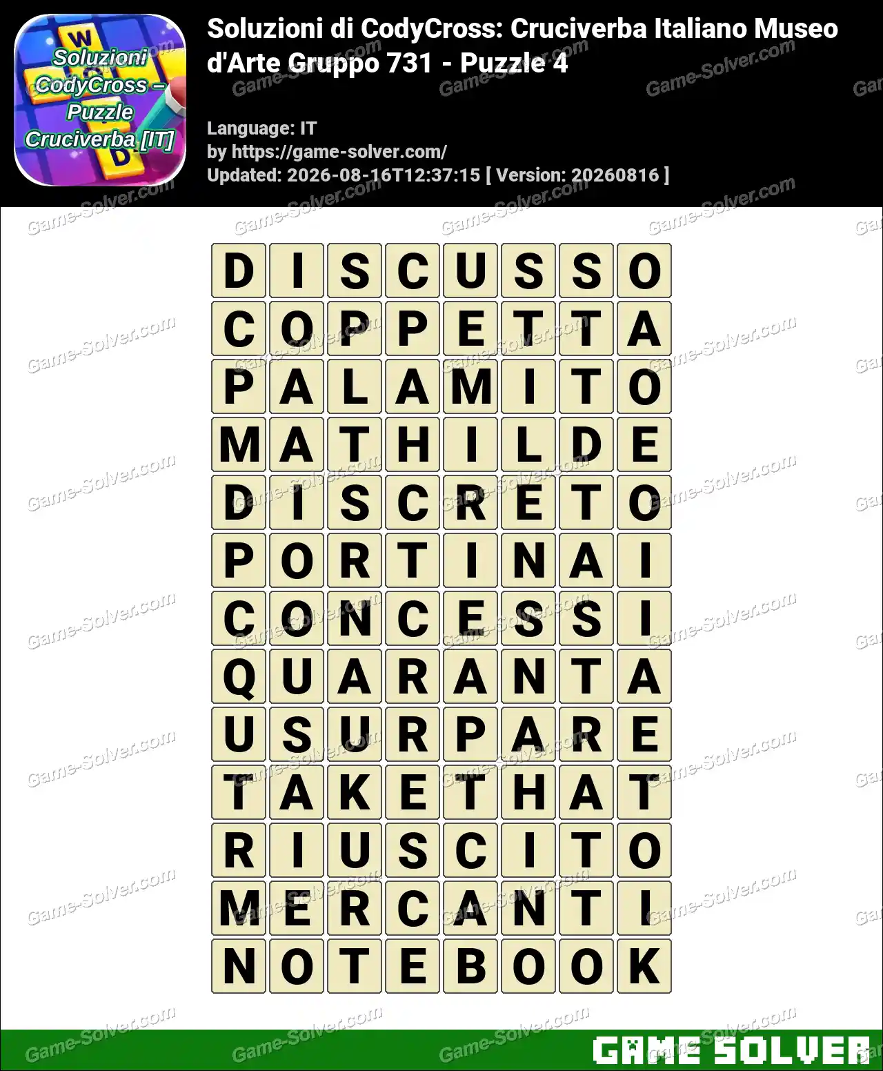 Soluzioni di CodyCross: Cruciverba Italiano Museo d’Arte Gruppo 731 – Puzzle 4